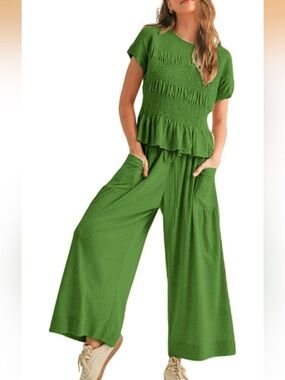 Womens 2 Piece Smocked Top Wide-Leg Pants Set High-Waisted Lounge S